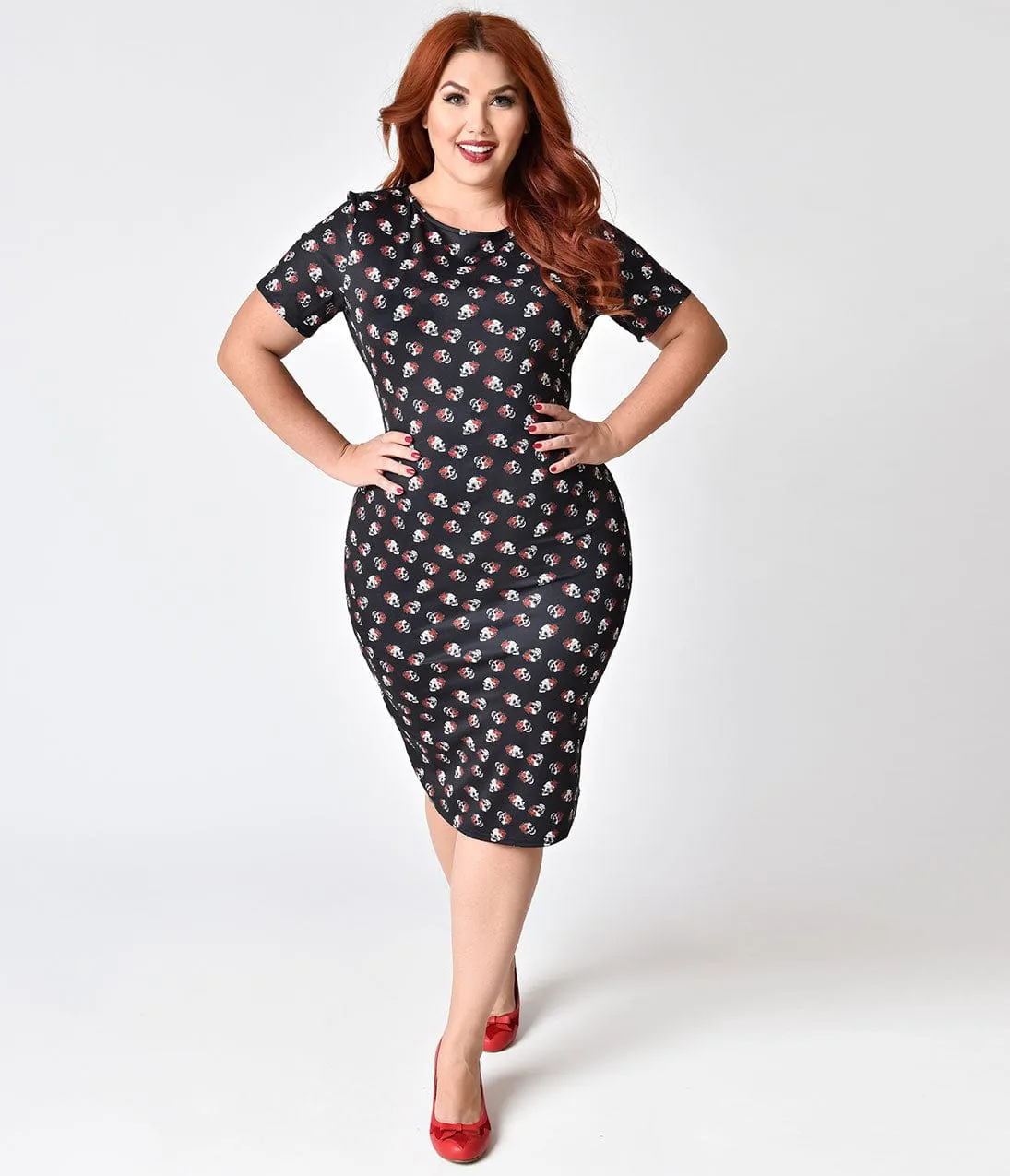 Unique Vintage Plus Size 1960s Style Black & Rose Skull Knit Presley Wiggle Dress sold by Unique Vintage product image thumbnail 4