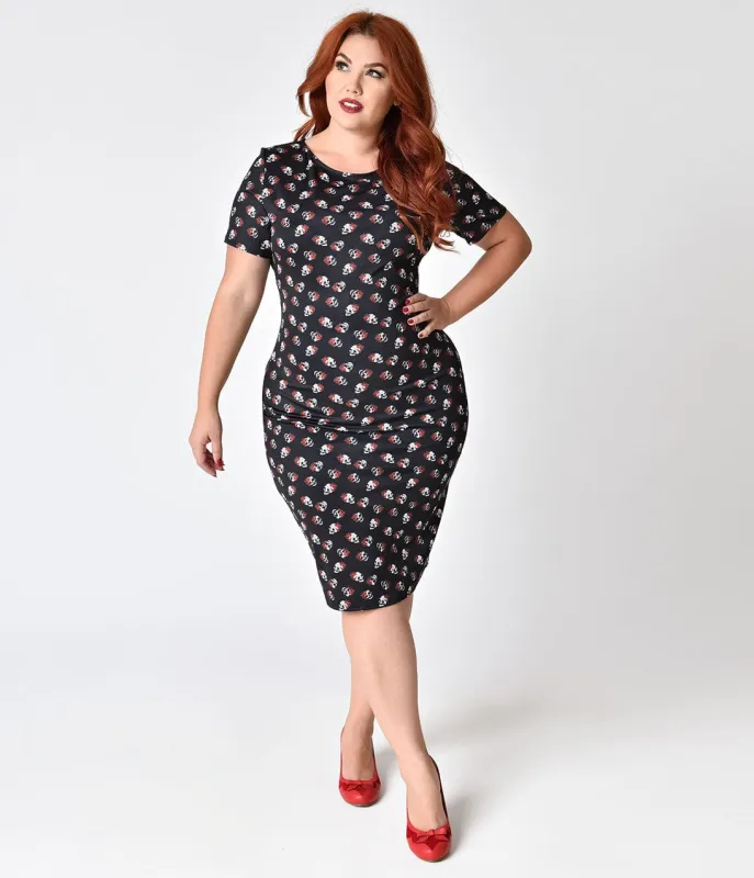 Unique Vintage Plus Size 1960s Style Black & Rose Skull Knit Presley Wiggle Dress made by Unique Vintage