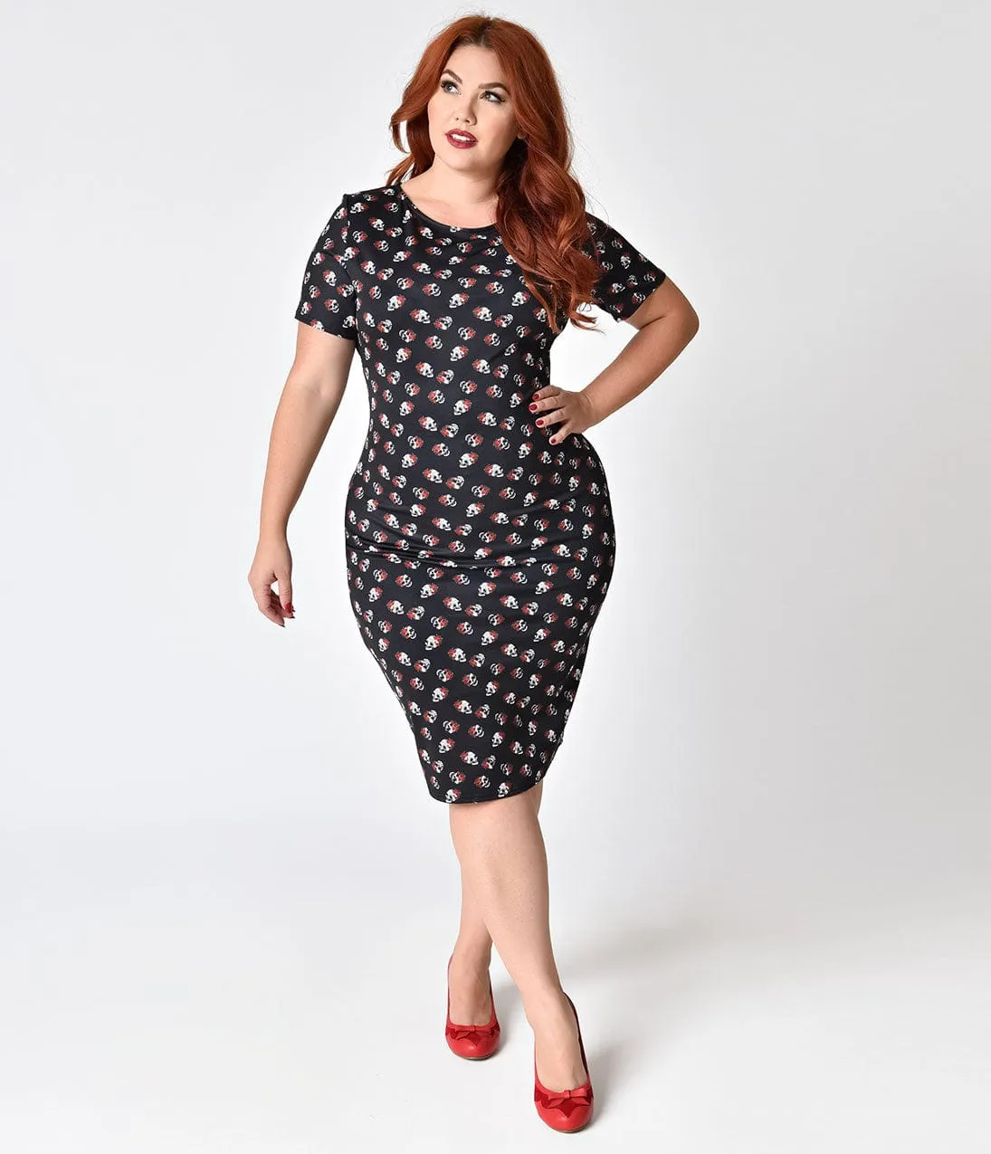 Unique Vintage Plus Size 1960s Style Black & Rose Skull Knit Presley Wiggle Dress sold by Unique Vintage