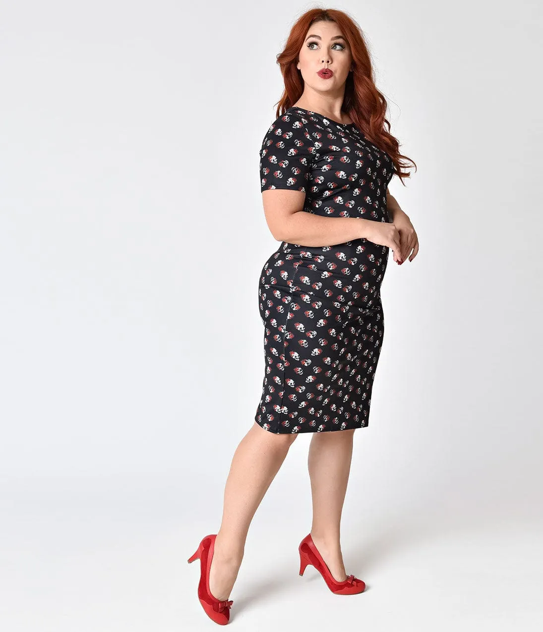 Unique Vintage Plus Size 1960s Style Black & Rose Skull Knit Presley Wiggle Dress sold by Unique Vintage product image thumbnail 5