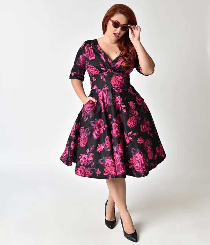 Unique Vintage Plus Size 1950s Black & Fuchsia Pink Floral Delores Swing Dress with Sleeves sold by Unique Vintage