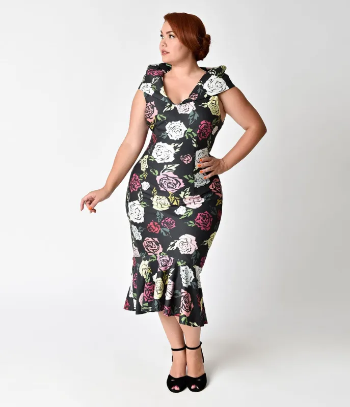 Janie Bryant For Unique Vintage Plus Size 1960s Black & Multi Rose Bobbie Wiggle Dress made by Unique Vintage