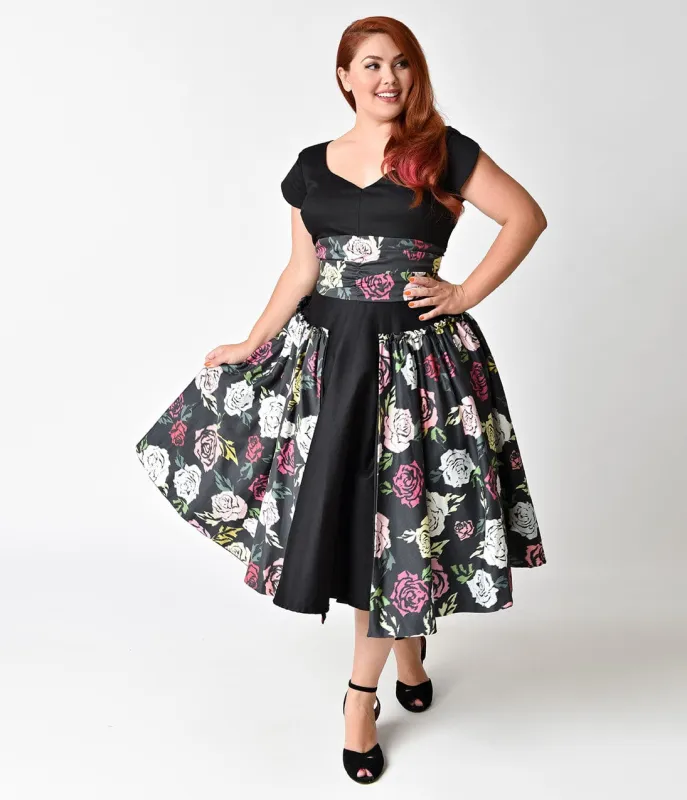 Janie Bryant For Unique Vintage Plus Size 1950s Black & Multi Rose Birdie Swing Dress sold by Unique Vintage