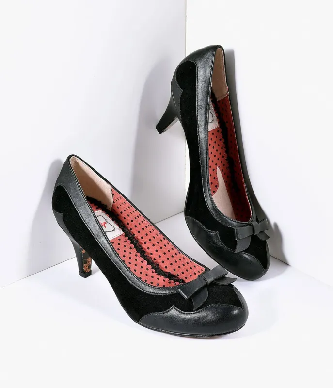 Bettie Page Black Leatherette & Suede Jolie Pumps made by Unique Vintage