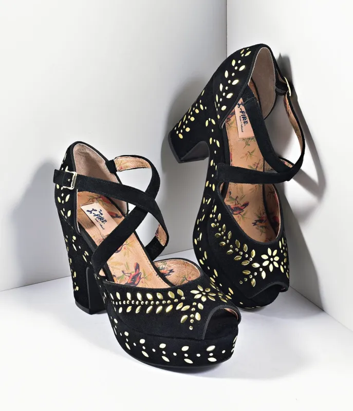 Miss L Fire Black Suede & Gold Studs Platform Peep Toe Selina Heels sold by Unique Vintage
