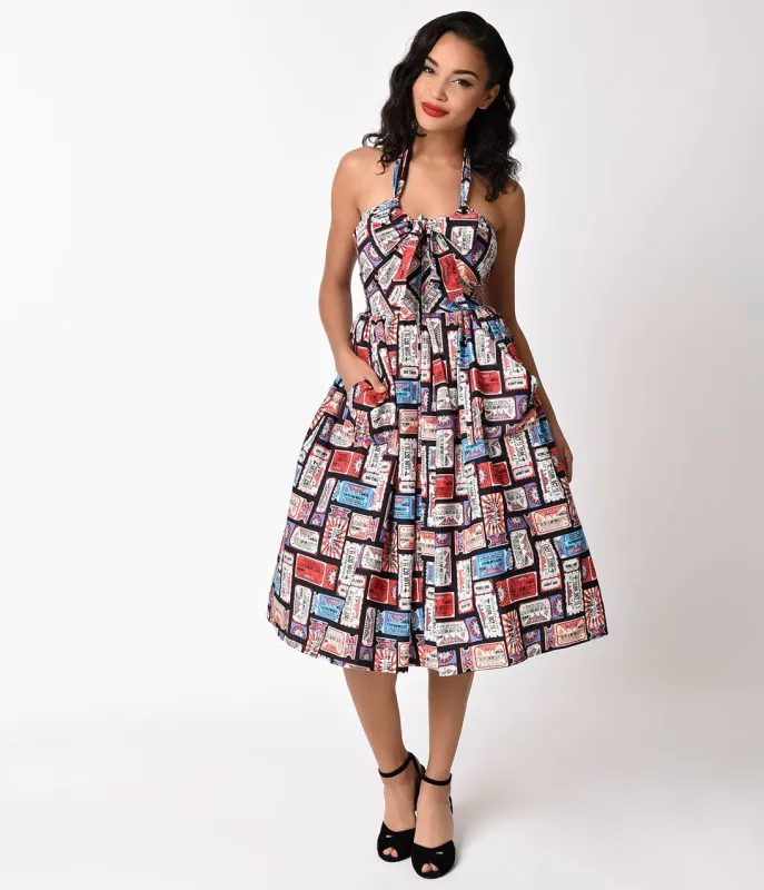 Unique Vintage 1950s Style Vintage Circus Ticket Print Halter Billie Swing Dress made by Unique Vintage