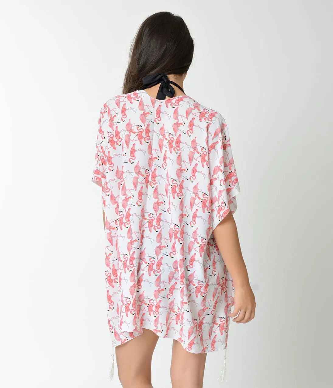 White & Pink Flamingo Print Tassel Half Sleeve Swim Cover Up sold by Unique Vintage product image thumbnail 3
