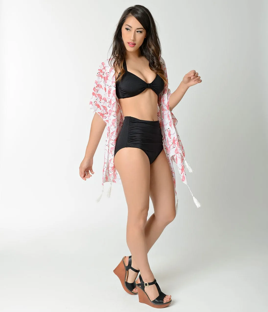 White & Pink Flamingo Print Tassel Half Sleeve Swim Cover Up sold by Unique Vintage product image thumbnail 4