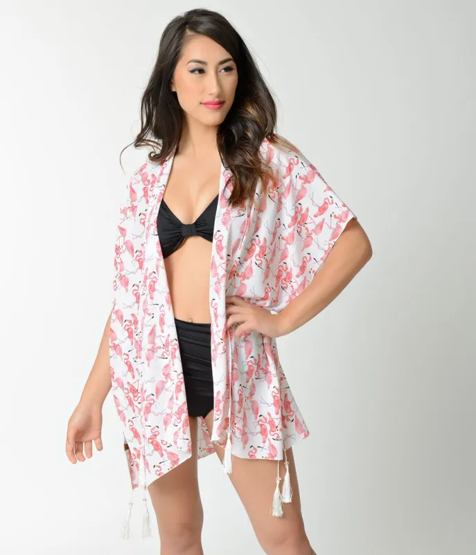 White & Pink Flamingo Print Tassel Half Sleeve Swim Cover Up made by Unique Vintage