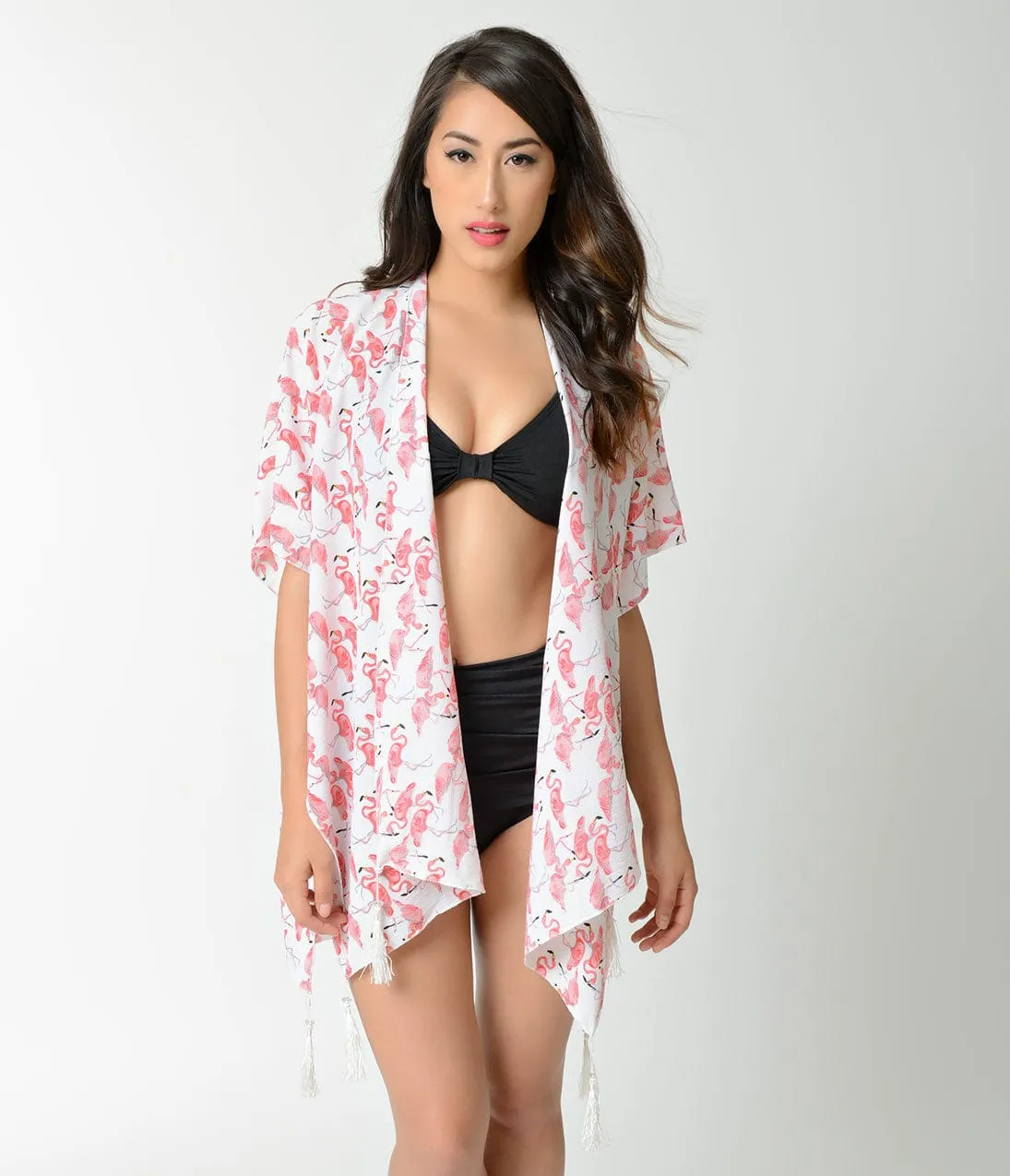 White & Pink Flamingo Print Tassel Half Sleeve Swim Cover Up sold by Unique Vintage product image thumbnail 2