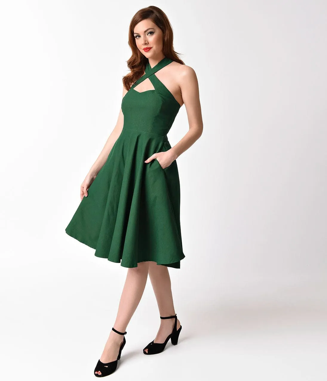 Unique Vintage 1950s Emerald Green Cross Halter Rita Flare Dress sold by Unique Vintage product image thumbnail 3
