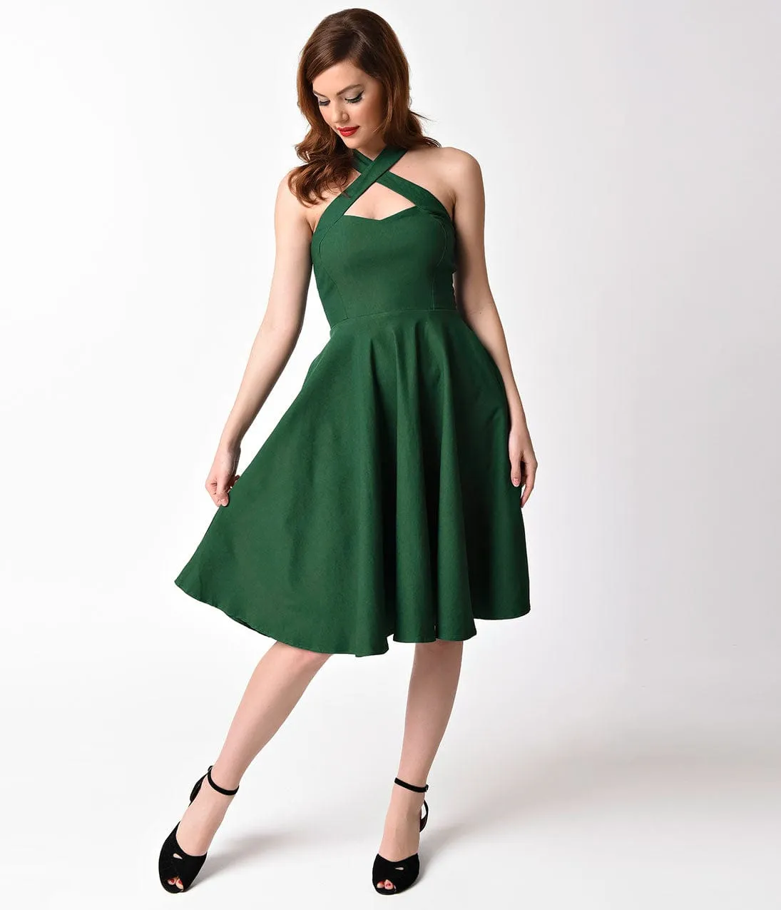 Unique Vintage 1950s Emerald Green Cross Halter Rita Flare Dress sold by Unique Vintage product image thumbnail 4