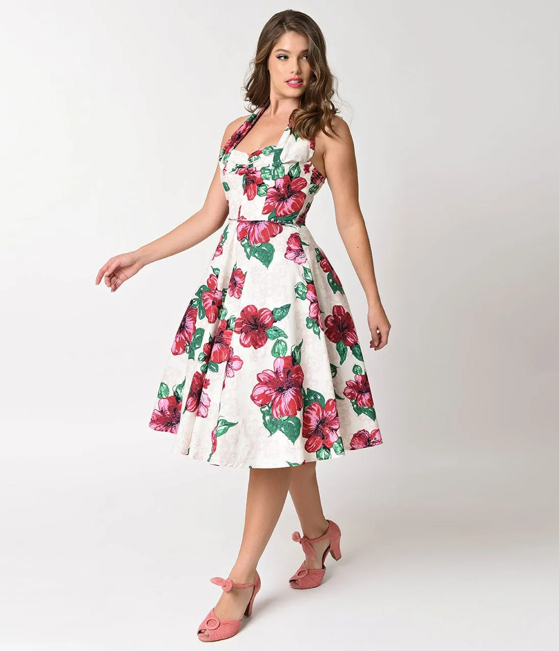 Unique Vintage 1950s Style Cream & Pink Hibiscus Halter Flora Swing Dress sold by Unique Vintage product image thumbnail 5