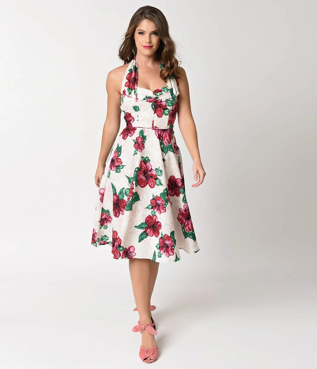 Unique Vintage 1950s Style Cream & Pink Hibiscus Halter Flora Swing Dress sold by Unique Vintage product image thumbnail 3