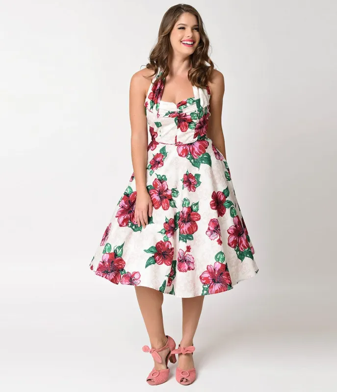 Unique Vintage 1950s Style Cream & Pink Hibiscus Halter Flora Swing Dress made by Unique Vintage
