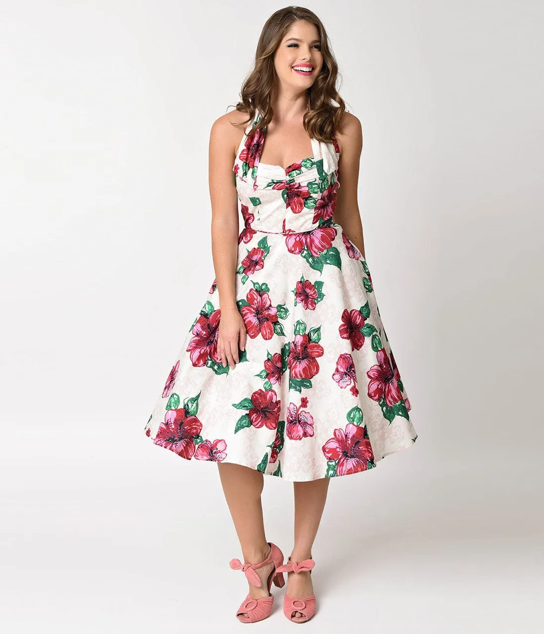 Unique Vintage 1950s Style Cream & Pink Hibiscus Halter Flora Swing Dress sold by Unique Vintage