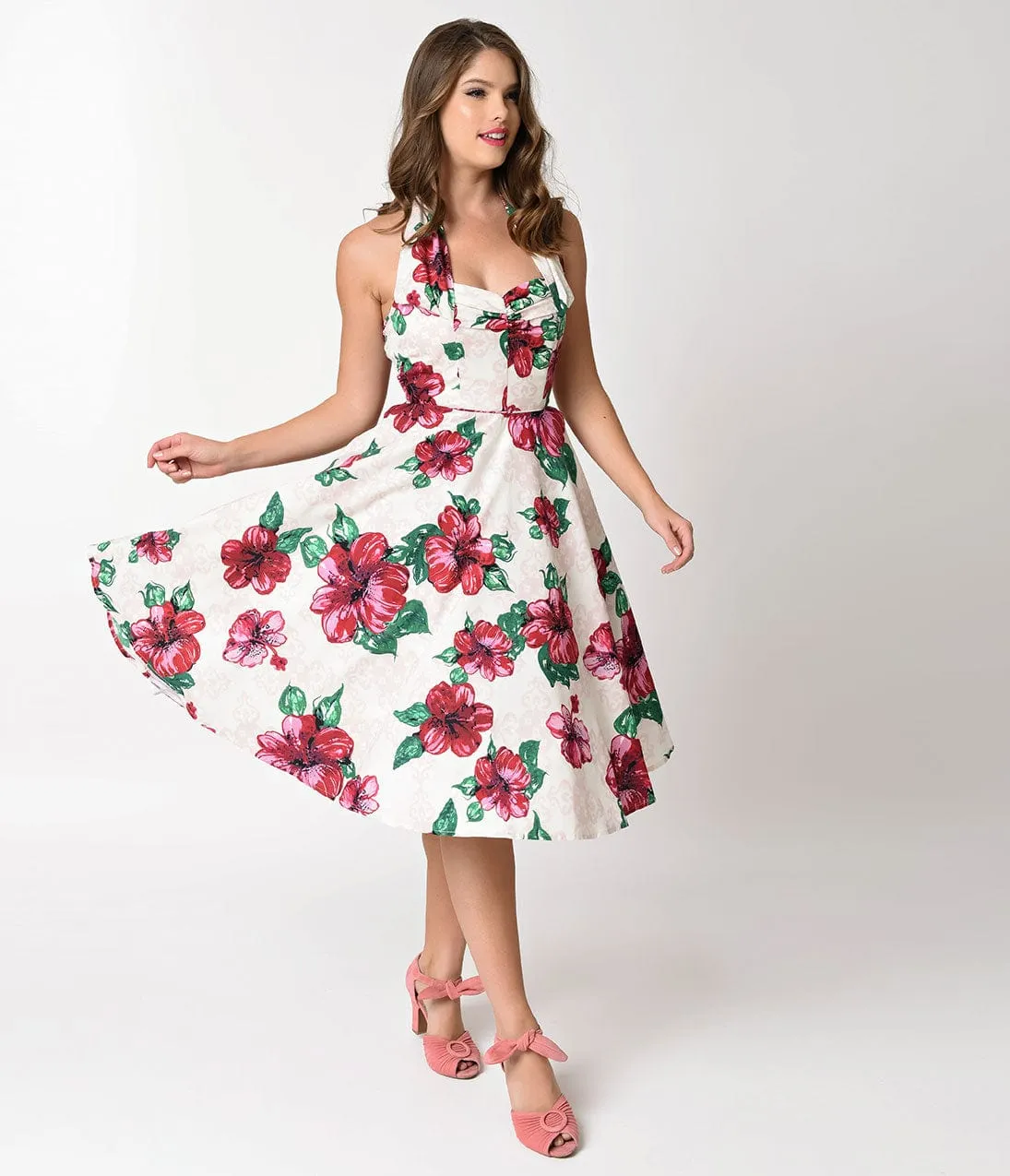 Unique Vintage 1950s Style Cream & Pink Hibiscus Halter Flora Swing Dress sold by Unique Vintage product image thumbnail 4