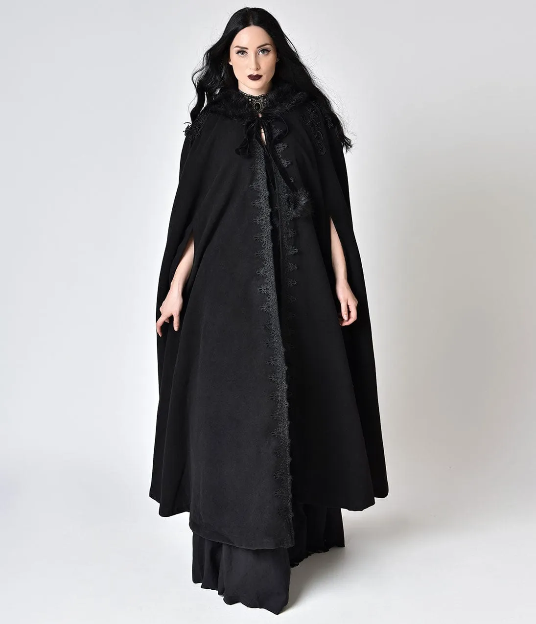 Black Gothic Witch Embroidered Asymmetry Hooded Cloak sold by Unique Vintage product image thumbnail 3