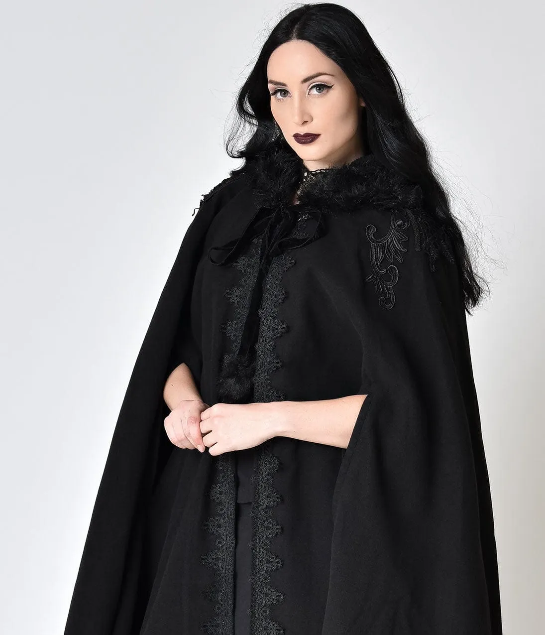 Black Gothic Witch Embroidered Asymmetry Hooded Cloak sold by Unique Vintage product image thumbnail 4