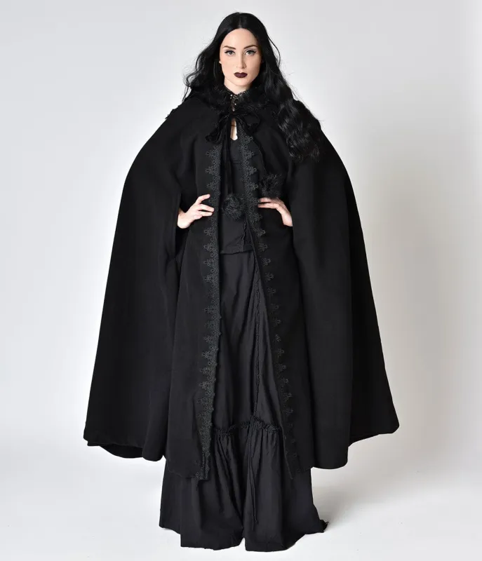 Black Gothic Witch Embroidered Asymmetry Hooded Cloak made by Unique Vintage