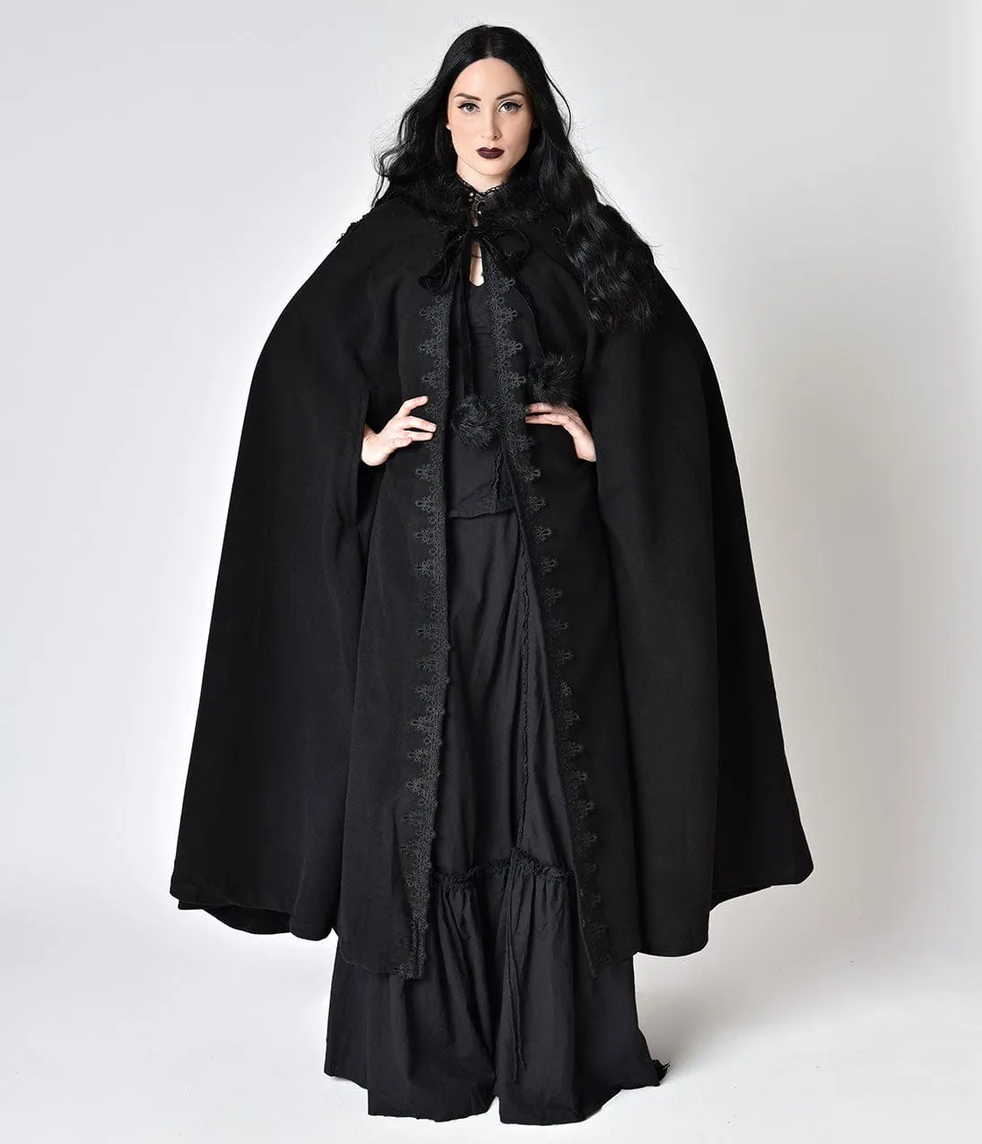 Black Gothic Witch Embroidered Asymmetry Hooded Cloak sold by Unique Vintage