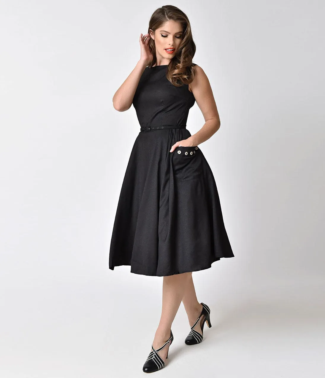 Unique Vintage 1950s Style Black Sleeveless Eden Swing Dress sold by Unique Vintage