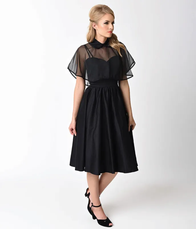 Unique Vintage 1940s Style Black Brushed Cotton Luna Swing Dress & Mesh Capelet made by Unique Vintage