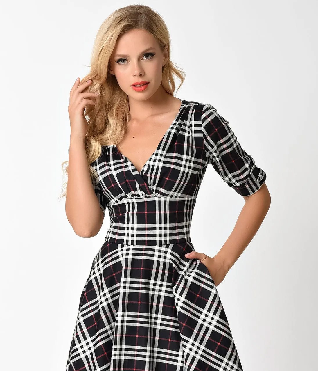 Unique Vintage 1950s Black & White Plaid Delores Swing Dress with Sleeves sold by Unique Vintage product image thumbnail 4