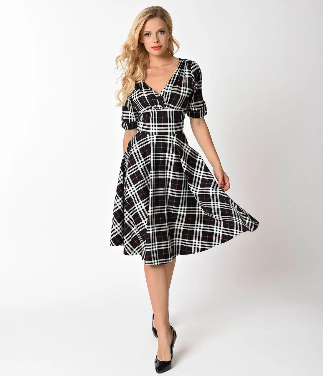 Unique Vintage 1950s Black & White Plaid Delores Swing Dress with Sleeves sold by Unique Vintage product image thumbnail 5
