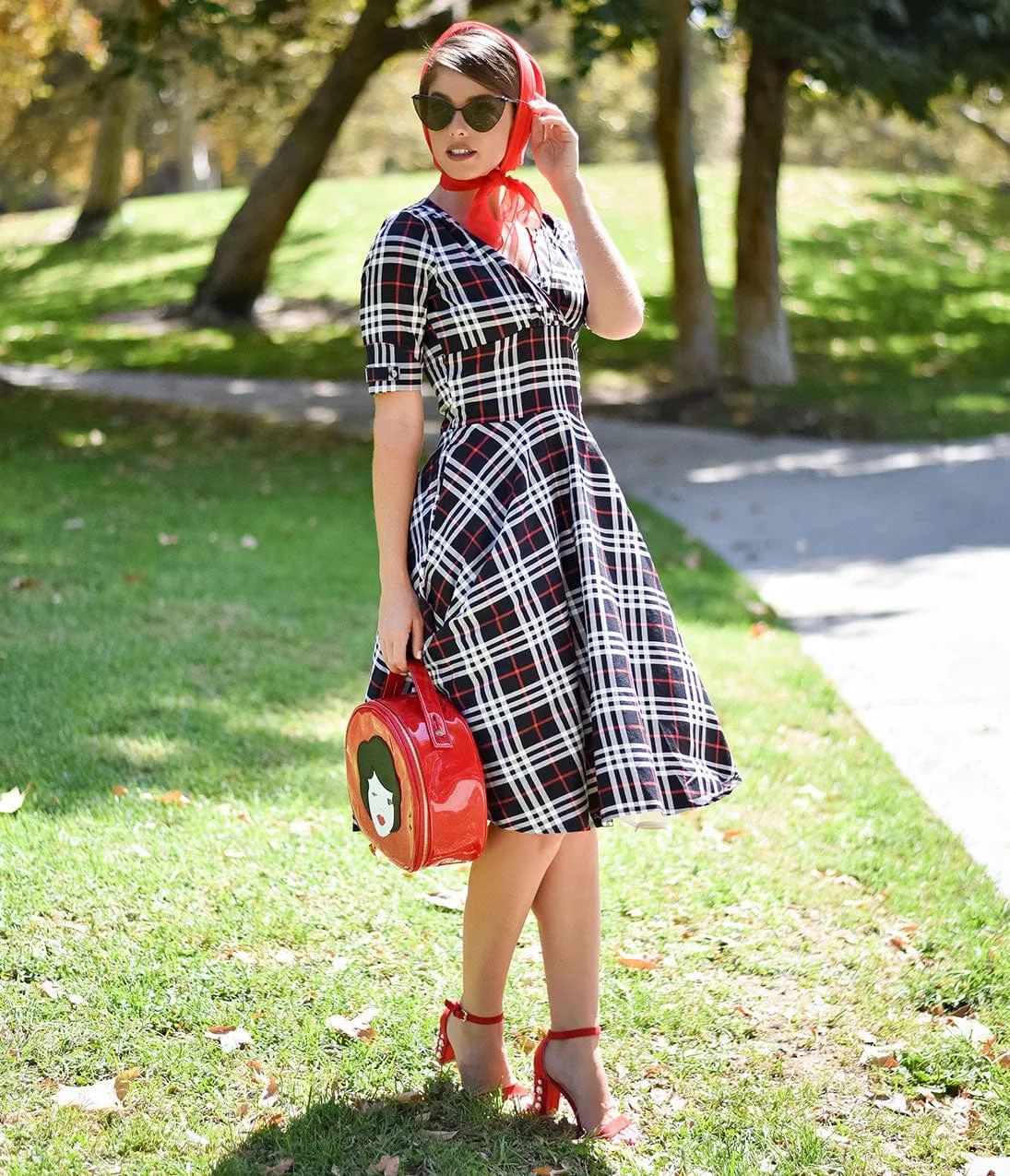 Unique Vintage 1950s Black & White Plaid Delores Swing Dress with Sleeves sold by Unique Vintage product image thumbnail 2