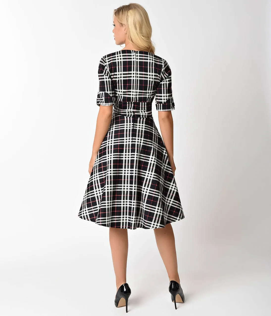 Unique Vintage 1950s Black & White Plaid Delores Swing Dress with Sleeves sold by Unique Vintage product image thumbnail 3