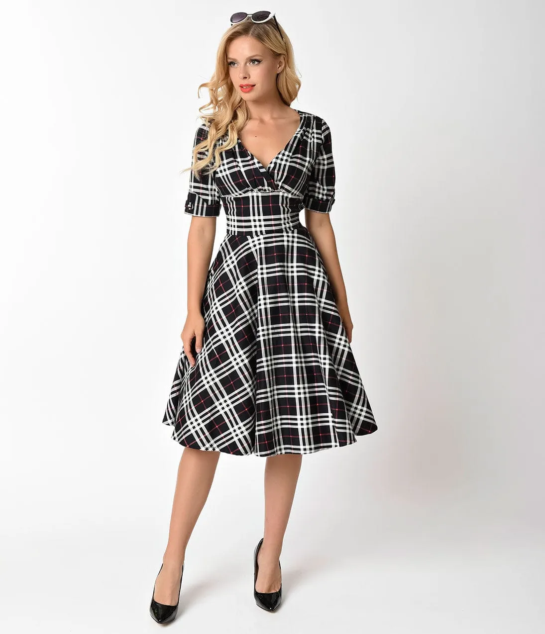 Unique Vintage 1950s Black & White Plaid Delores Swing Dress with Sleeves sold by Unique Vintage