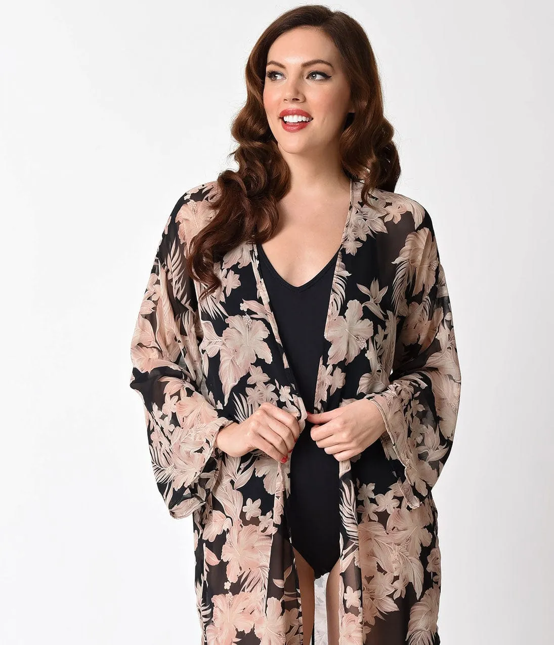 Retro Style Black & Tropical Floral Print Full Sleeve Swim Cover Up sold by Unique Vintage product image thumbnail 5