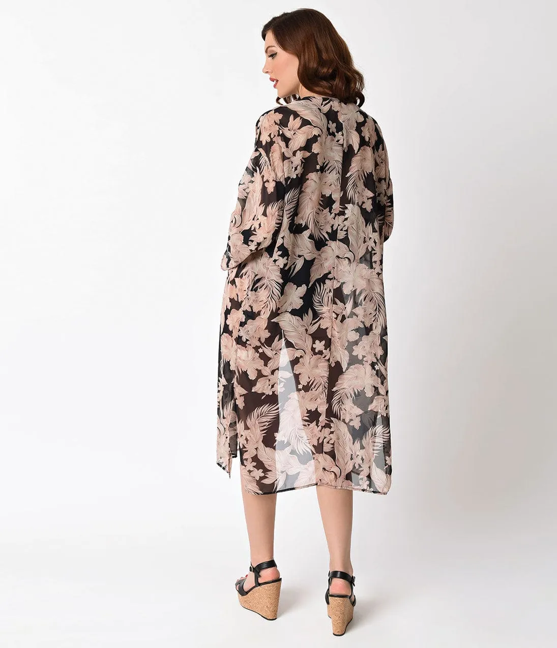 Retro Style Black & Tropical Floral Print Full Sleeve Swim Cover Up sold by Unique Vintage product image thumbnail 2