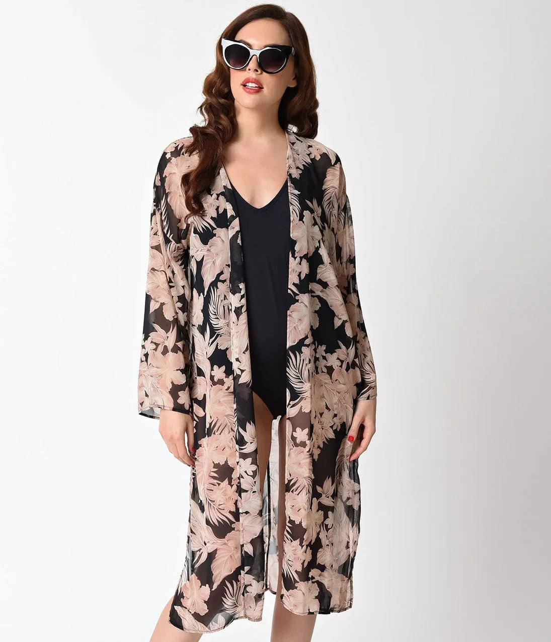 Retro Style Black & Tropical Floral Print Full Sleeve Swim Cover Up sold by Unique Vintage product image thumbnail 3