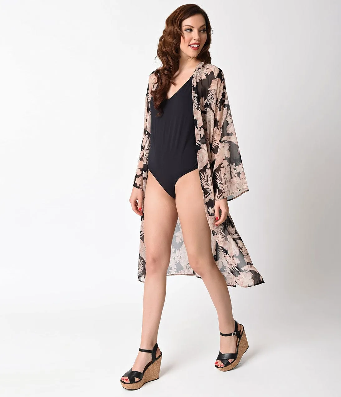 Retro Style Black & Tropical Floral Print Full Sleeve Swim Cover Up sold by Unique Vintage product image thumbnail 4