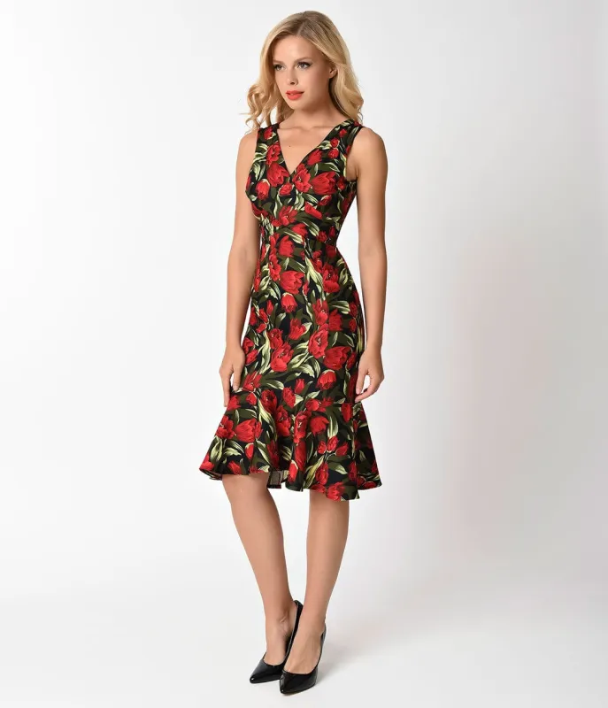 Unique Vintage 1950s Style Black & Red Floral Sleeveless Gloria Wiggle Dress made by Unique Vintage