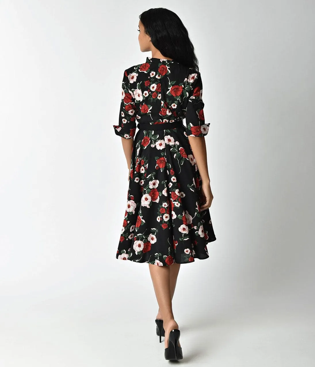 Unique Vintage 1940s Style Black Floral Half Sleeved Hudson Shirt Dress sold by Unique Vintage product image thumbnail 3