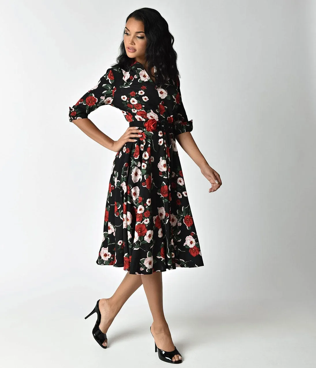 Unique Vintage 1940s Style Black Floral Half Sleeved Hudson Shirt Dress sold by Unique Vintage product image thumbnail 4