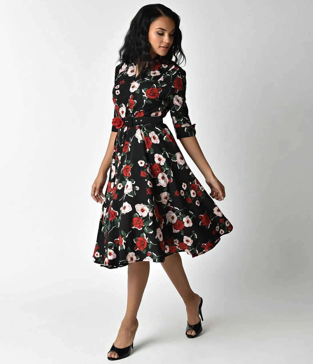 Unique Vintage 1940s Style Black Floral Half Sleeved Hudson Shirt Dress sold by Unique Vintage