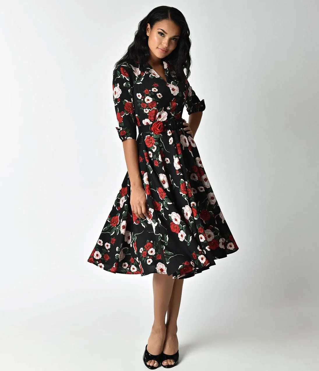 Unique Vintage 1940s Style Black Floral Half Sleeved Hudson Shirt Dress sold by Unique Vintage product image thumbnail 5