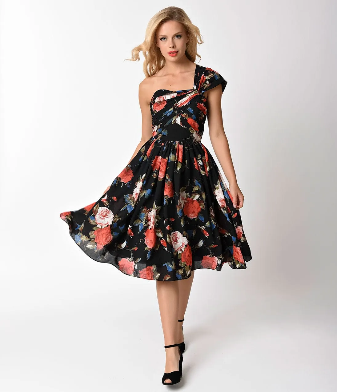 Unique Vintage Black Floral Charisse One Shoulder Dress sold by Unique Vintage product image thumbnail 3