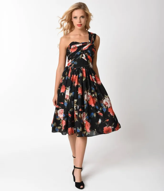 Unique Vintage Black Floral Charisse One Shoulder Dress sold by Unique Vintage