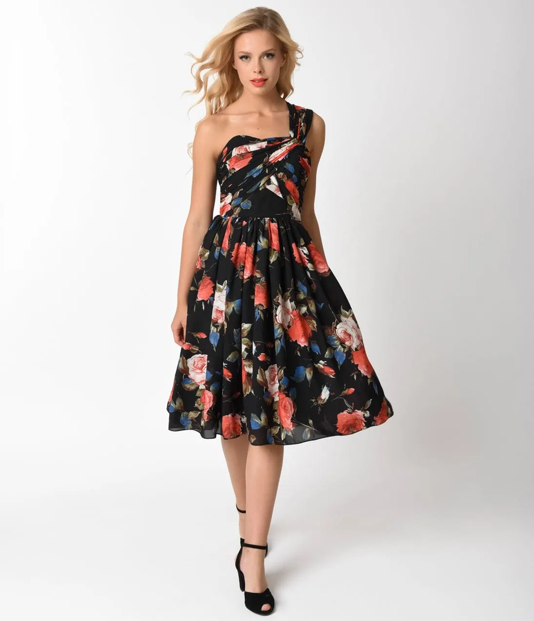Unique Vintage Black Floral Charisse One Shoulder Dress sold by Unique Vintage