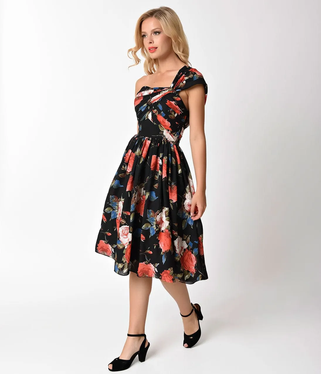 Unique Vintage Black Floral Charisse One Shoulder Dress sold by Unique Vintage product image thumbnail 5