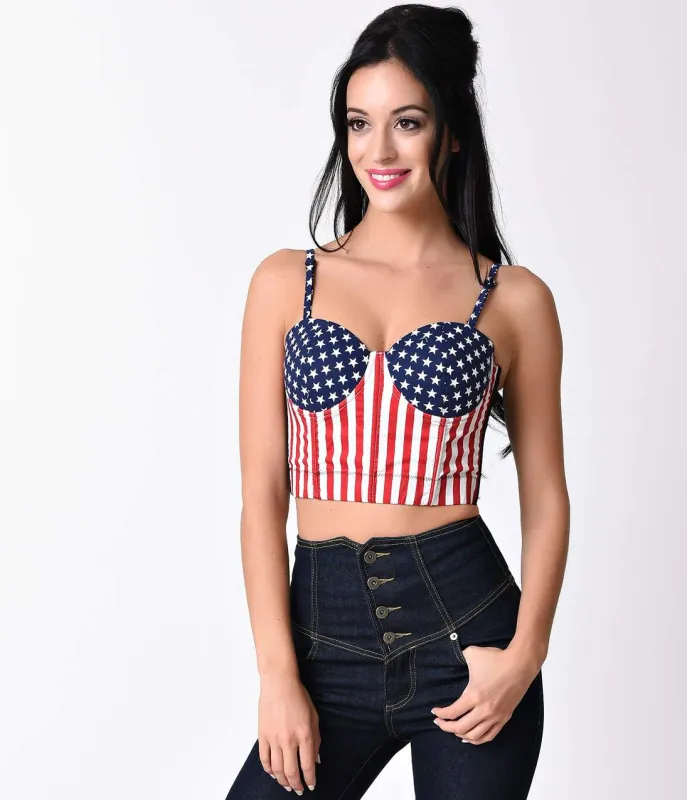 Red, White & Blue Stars & Stripes American Flag Bustier Crop Top sold by Unique Vintage