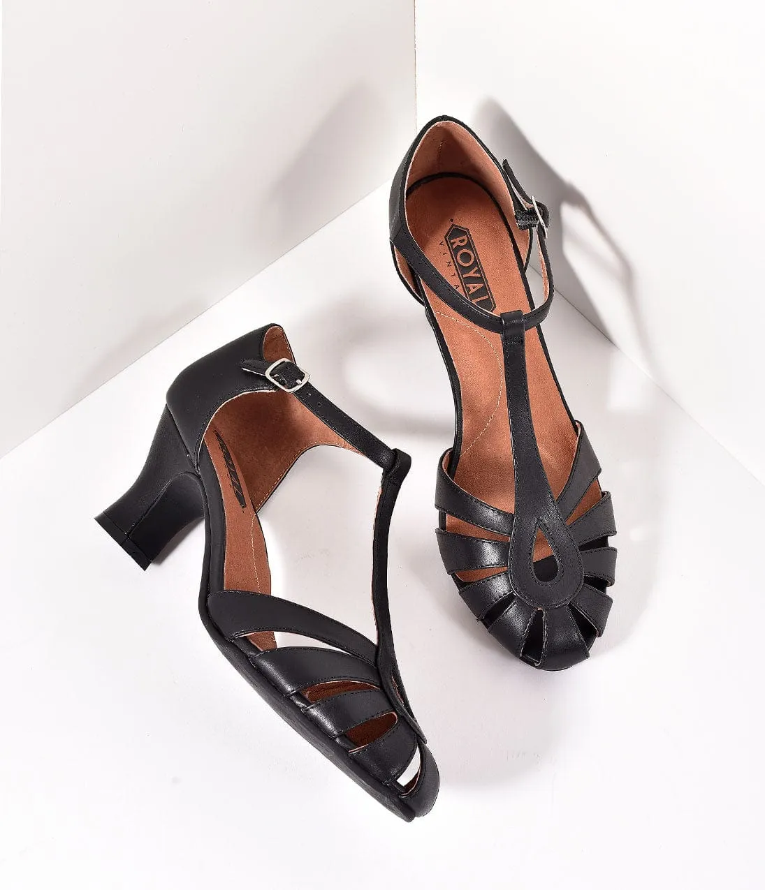 Royal Vintage 1930s Style Black Leather T-Strap Eve Heels sold by Unique Vintage product image thumbnail 3