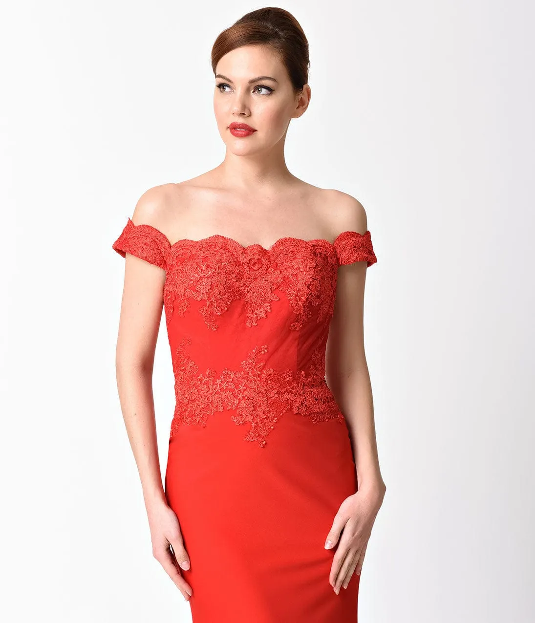 Ladivine by Cinderella Divine Red Lace Off the Shoulder Embellished Gown sold by Unique Vintage product image thumbnail 2