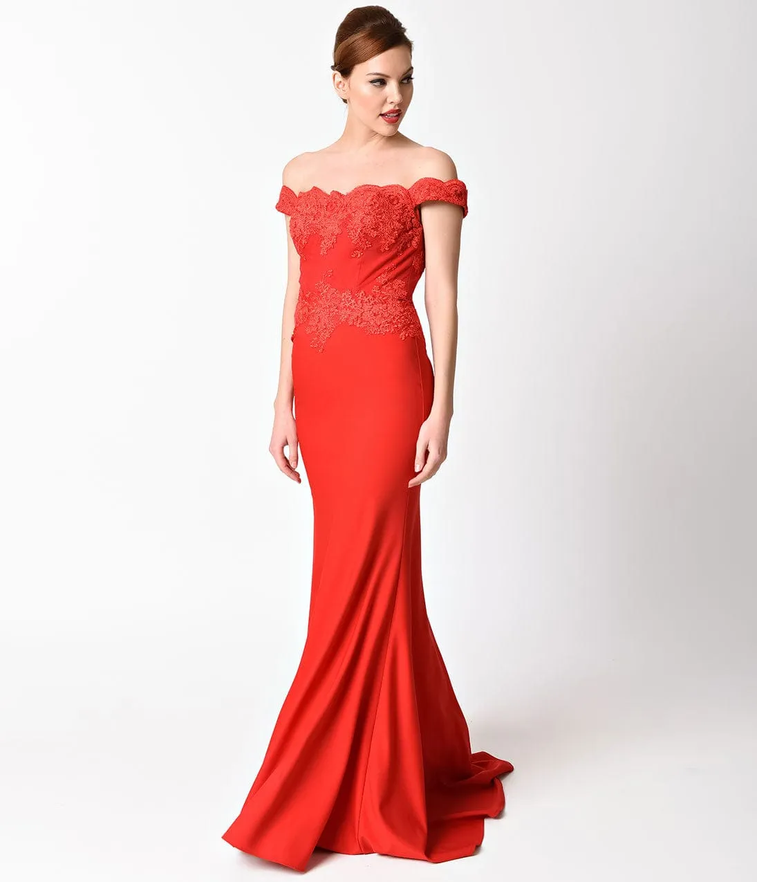 Ladivine by Cinderella Divine Red Lace Off the Shoulder Embellished Gown sold by Unique Vintage product image thumbnail 3