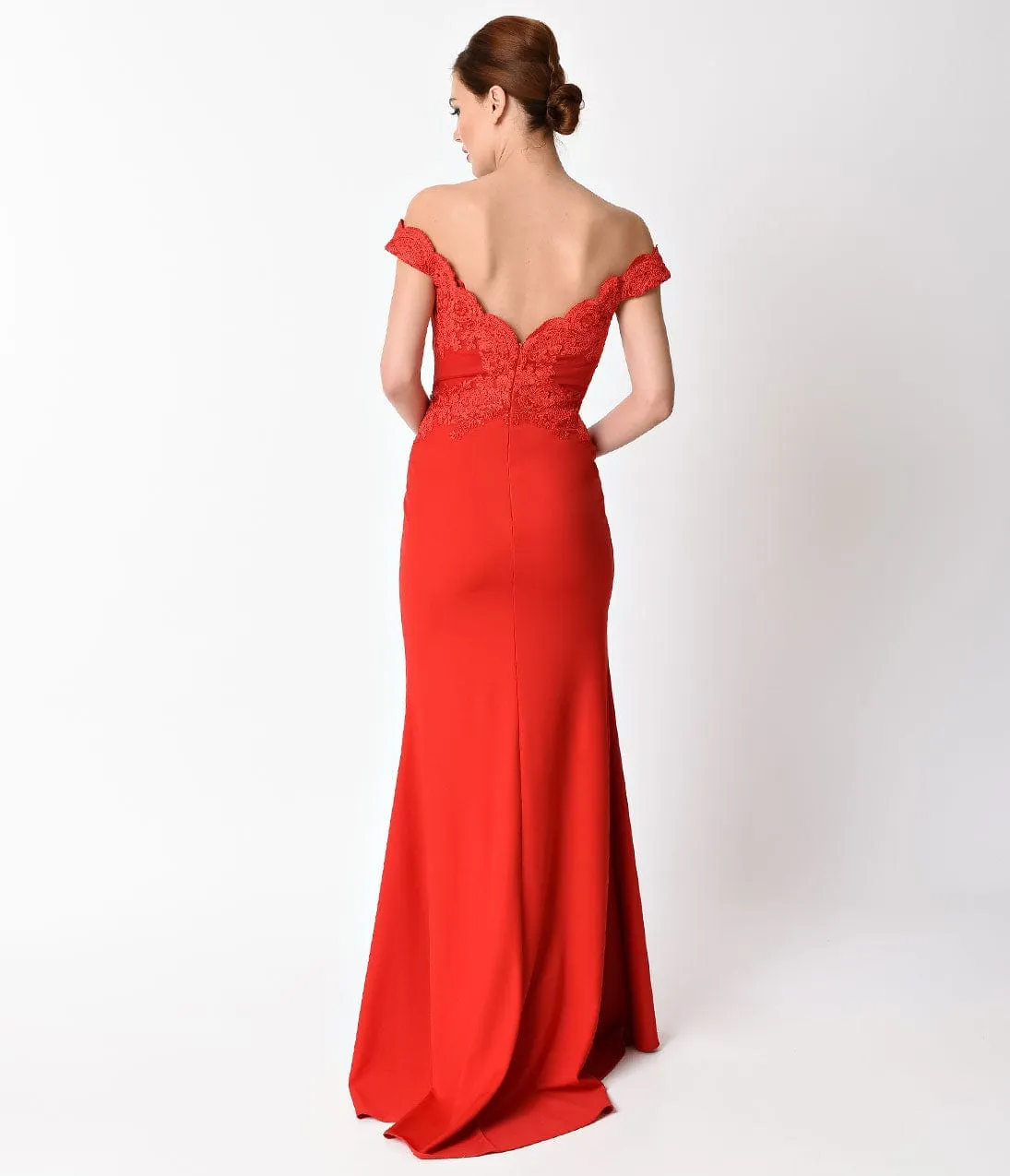 Ladivine by Cinderella Divine Red Lace Off the Shoulder Embellished Gown sold by Unique Vintage product image thumbnail 4